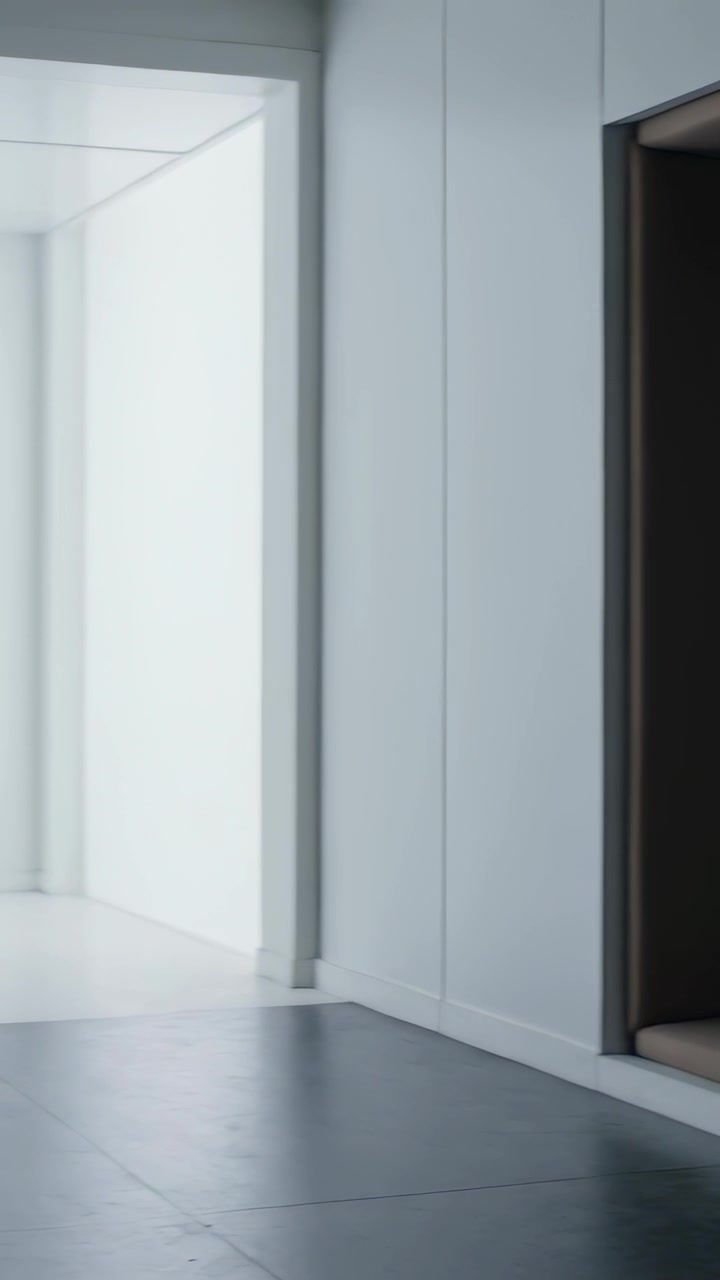 Video verticale: Modella che cammina in tailleur, riparandosi dalle luci, uscendo da un corridoio verso una nicchia, con spazio per il testo.
