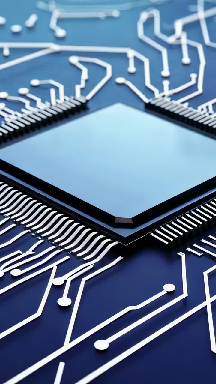 Vertical video: Tilting camera capturing microchip on blue PCB showing white traces and solder pads