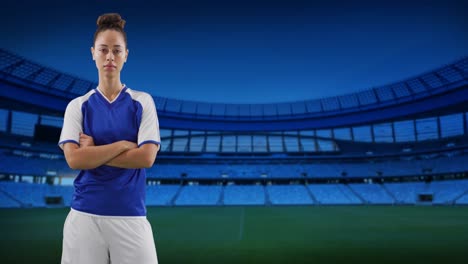 animation of biracial female soccer player over stadium