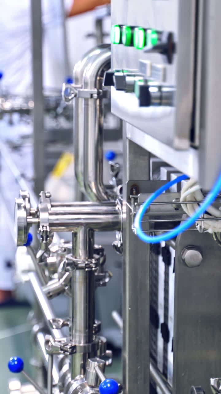 Automated modern dairy factory. Production of milk in a dairy factory Vertical video