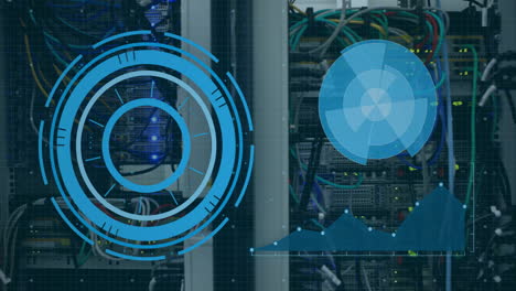 Data-processing-animation-over-server-racks-with-blue-circular-and-graph-elements