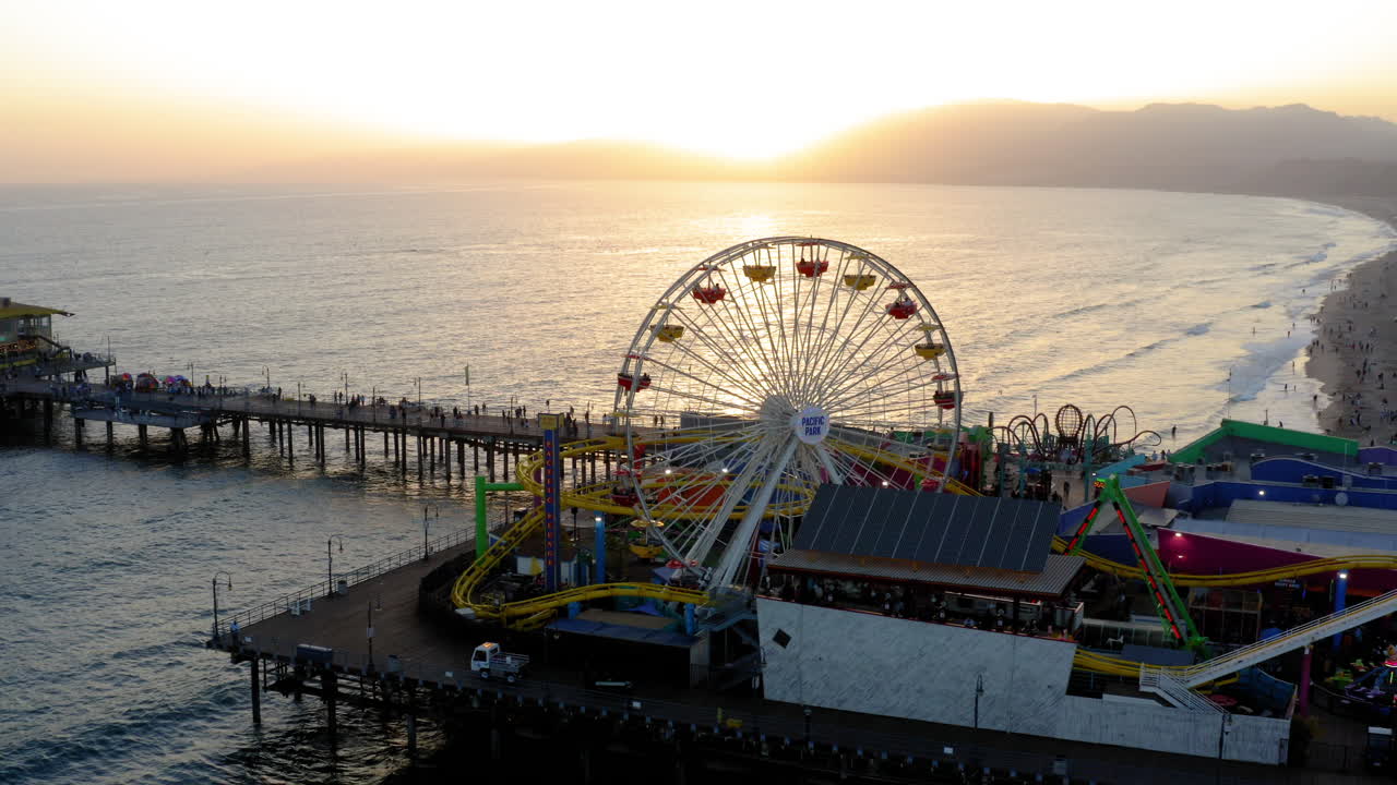 Aerial Sunset View of Santa Monica Pier and Pacific Park