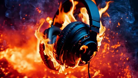 a pair of headphones on fire with a black background