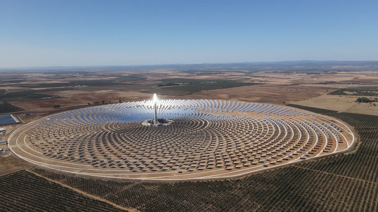 Flyover at solar tower in andalusia, spain.