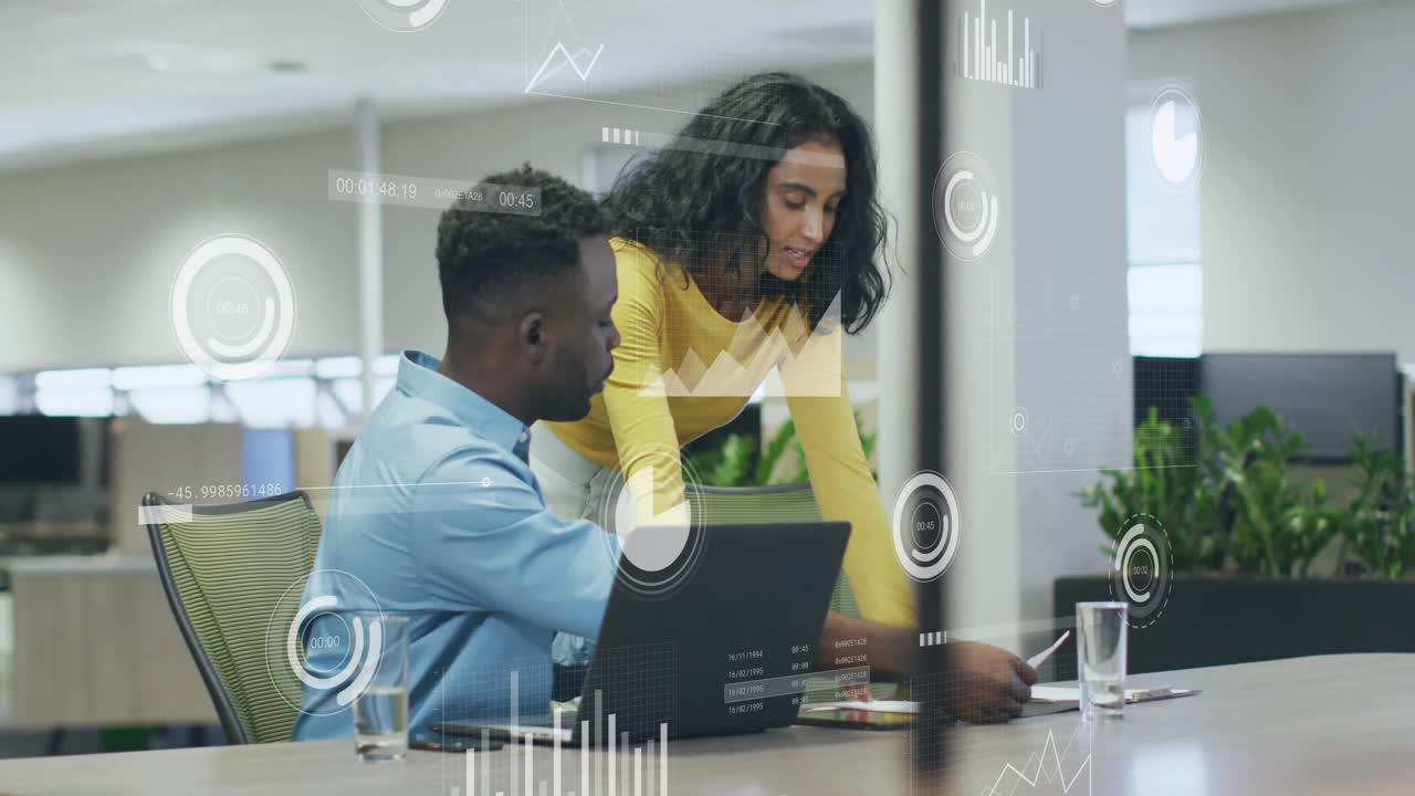 Animation of financial data processing over diverse business people in office