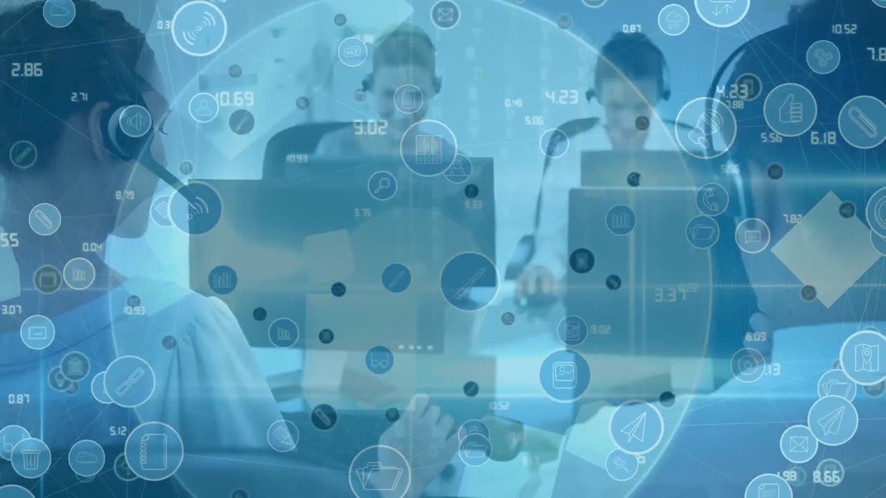 전화 헤드 ⁇ 을 사용하는 비즈니스 사람들에 대한 아이콘과 연결 네트워크의 애니메이션