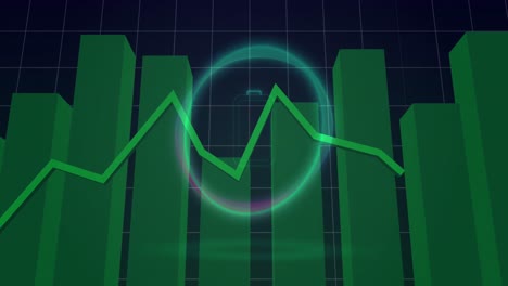 animación del alcance, estadísticas con línea verde y procesamiento de datos.