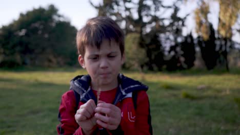 Close-up-shot-on-caucasian-boy,-holding-a-feather,-forest-of-Parnitha-,-Greece-in-the-blurry-background-4K