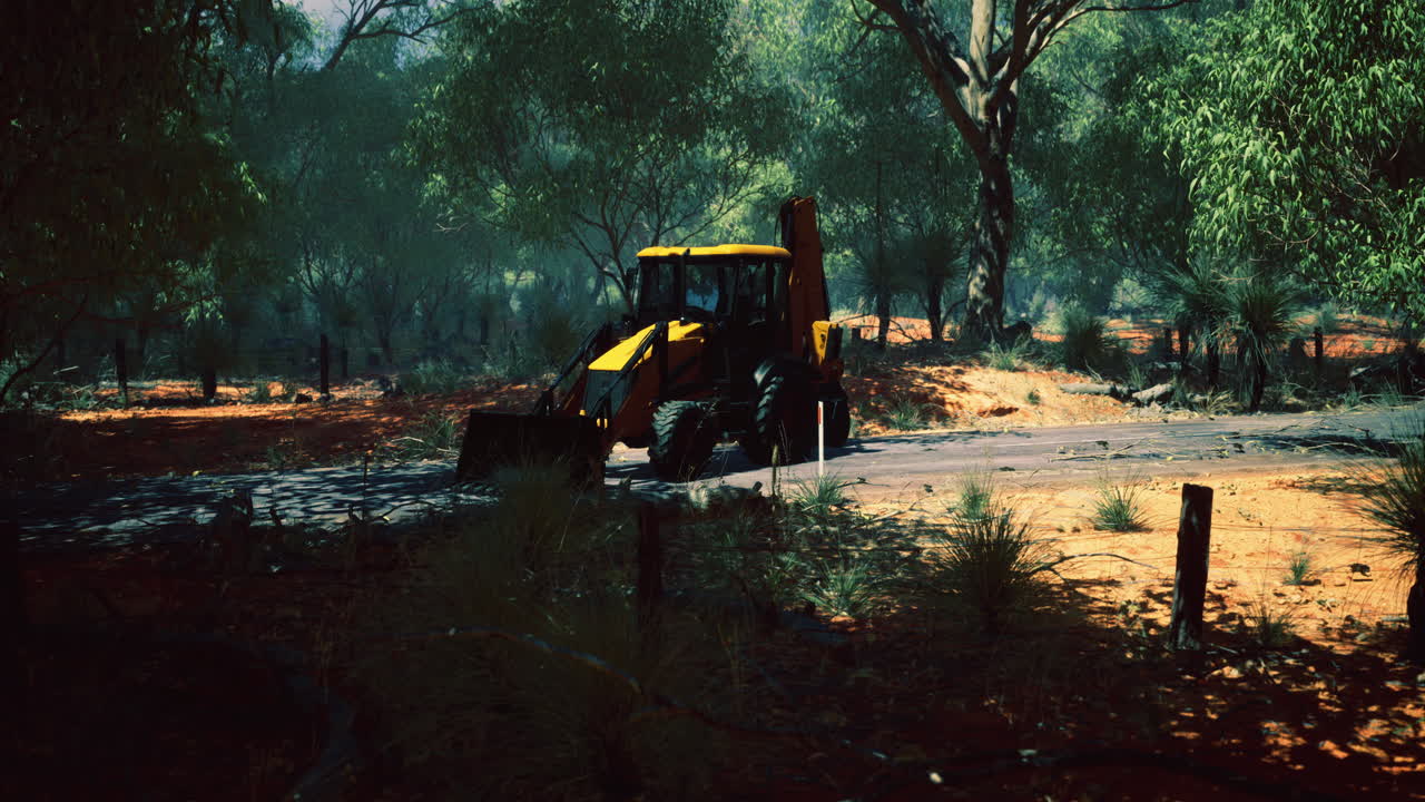 Machinery operates in the tranquil wilderness under the golden sun