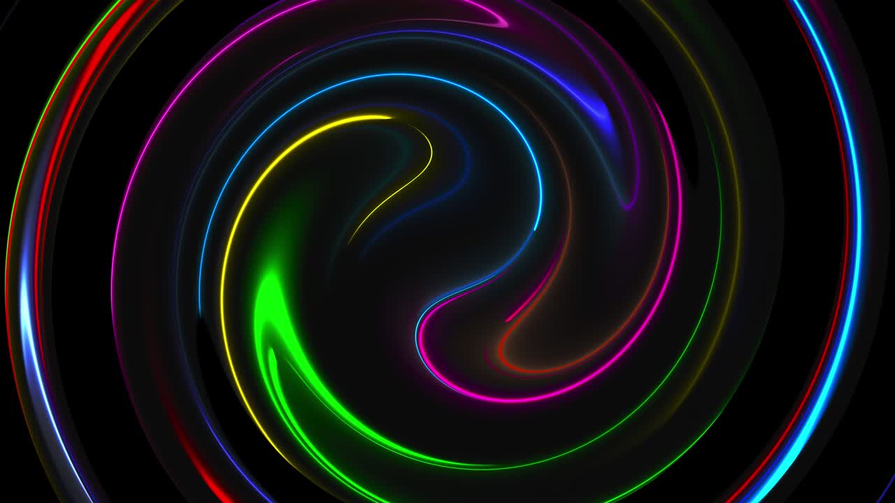 컴퓨터에서 생성 된 추상적인 회전 배경, 3d 렌더링, 네온 컬러 라인의 원형 합병