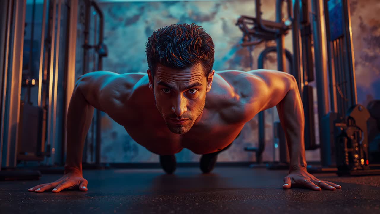 Muscular man in shorts performing lowering and rising push-ups on rubber floor in gym with cables