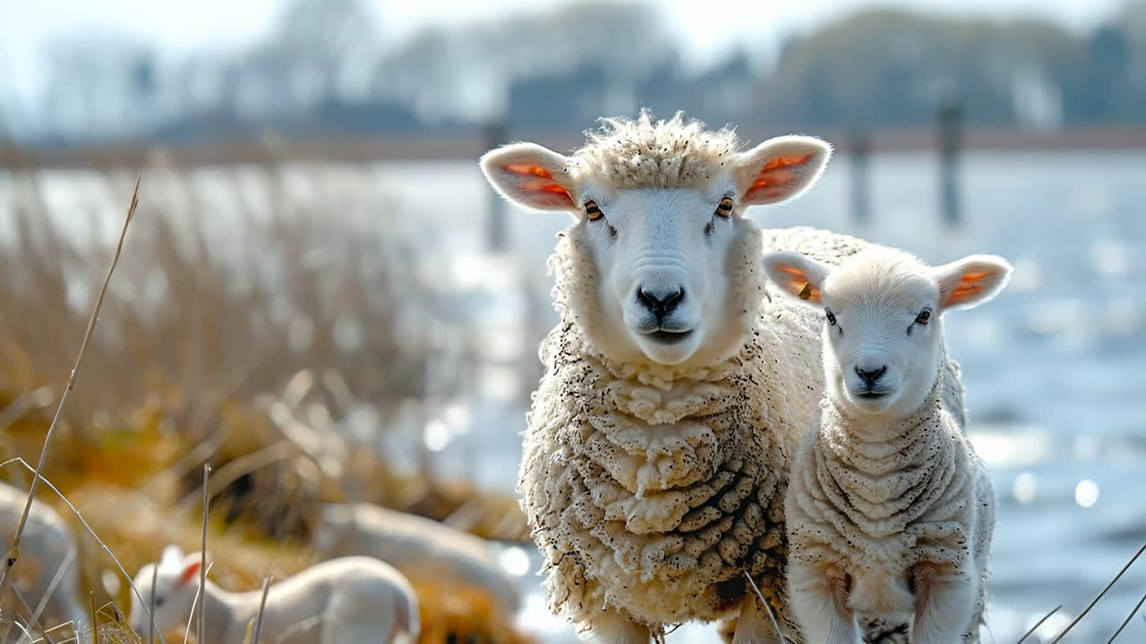 Sheep and lamb near water on a sunny day. A mother sheep stands by a young lamb near a body of water. Several sheep graze in the background under a clear sky