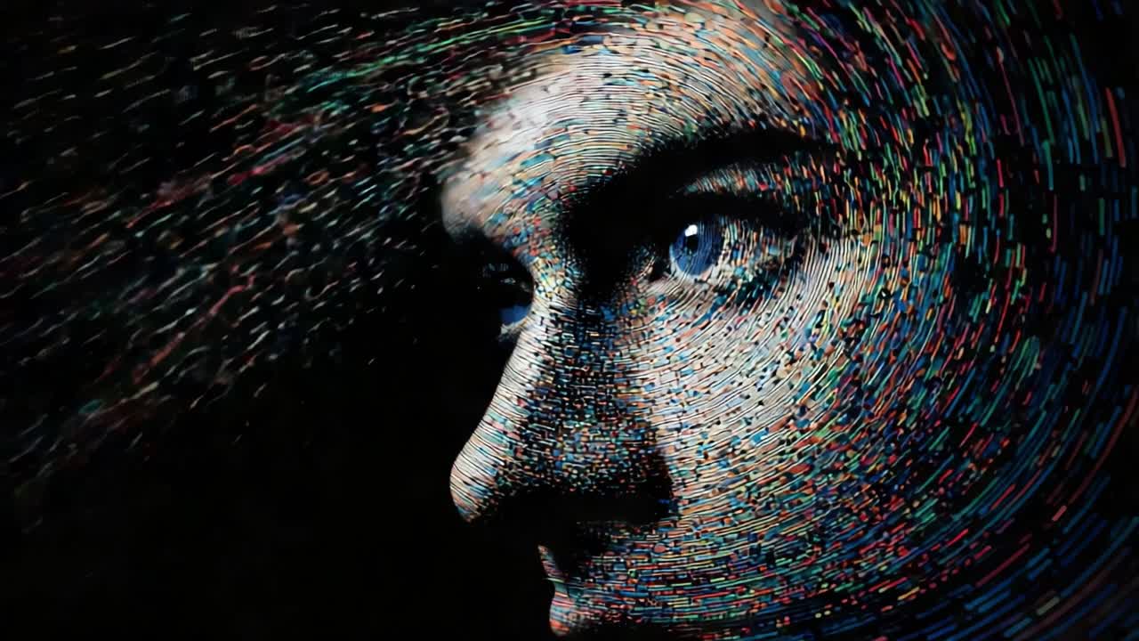 Exploring the Digital Transformation of Human Connection Through an Abstract Representation of a Face, Highlighting the Fusion of Technology and Emotion in a Stunning Visual Experience