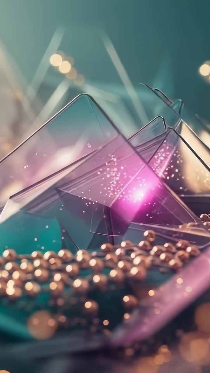 Vertical video: Camera panning 3D prisms pulsing pink revealing metal spheres under bokeh lights