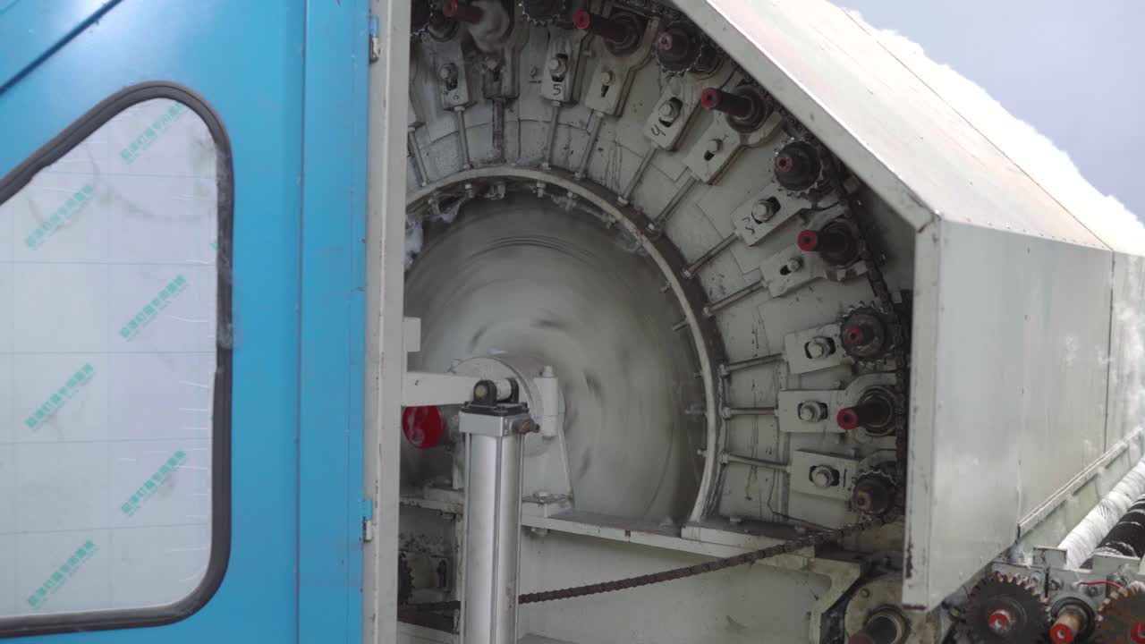 Knitting circular machine inside textile factory, Closeup
