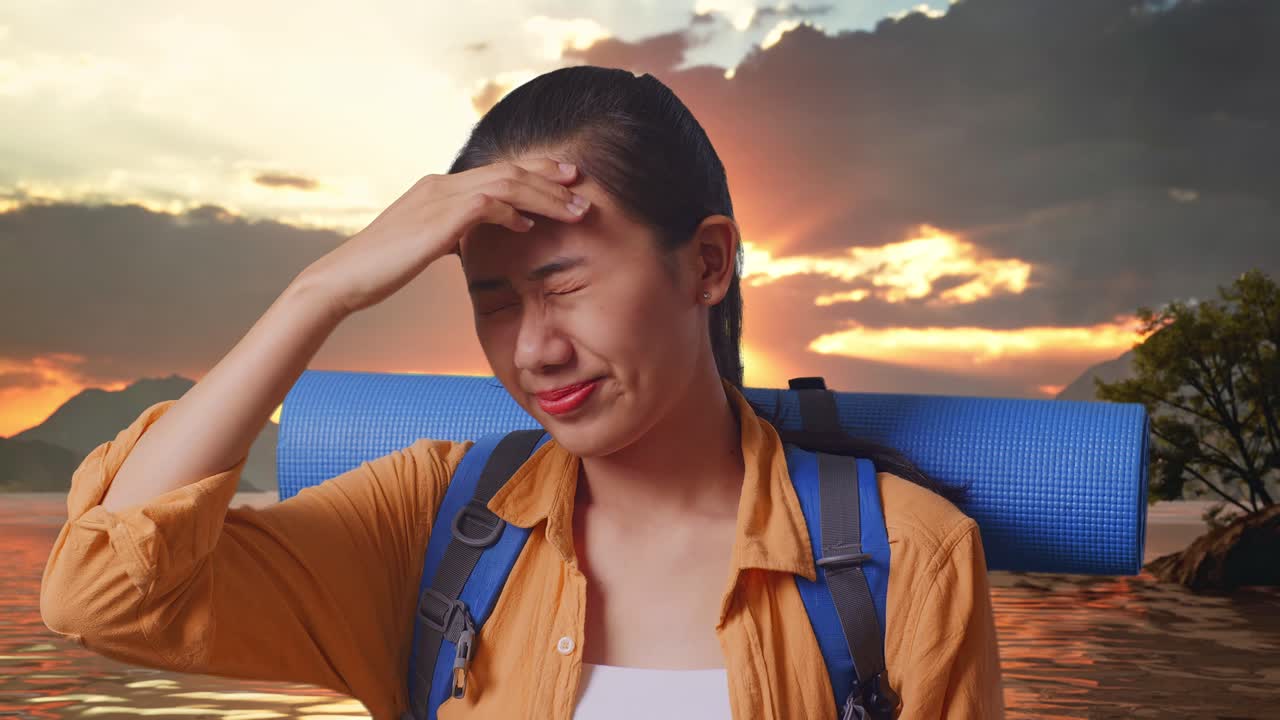 Close Up Of Asian Female Hiker With Mountaineering Backpack Having A Headache While Standing At A Lake During Sunset Time