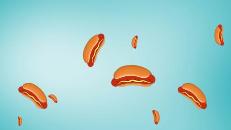 animation of multiple hot dogs floating on blue background