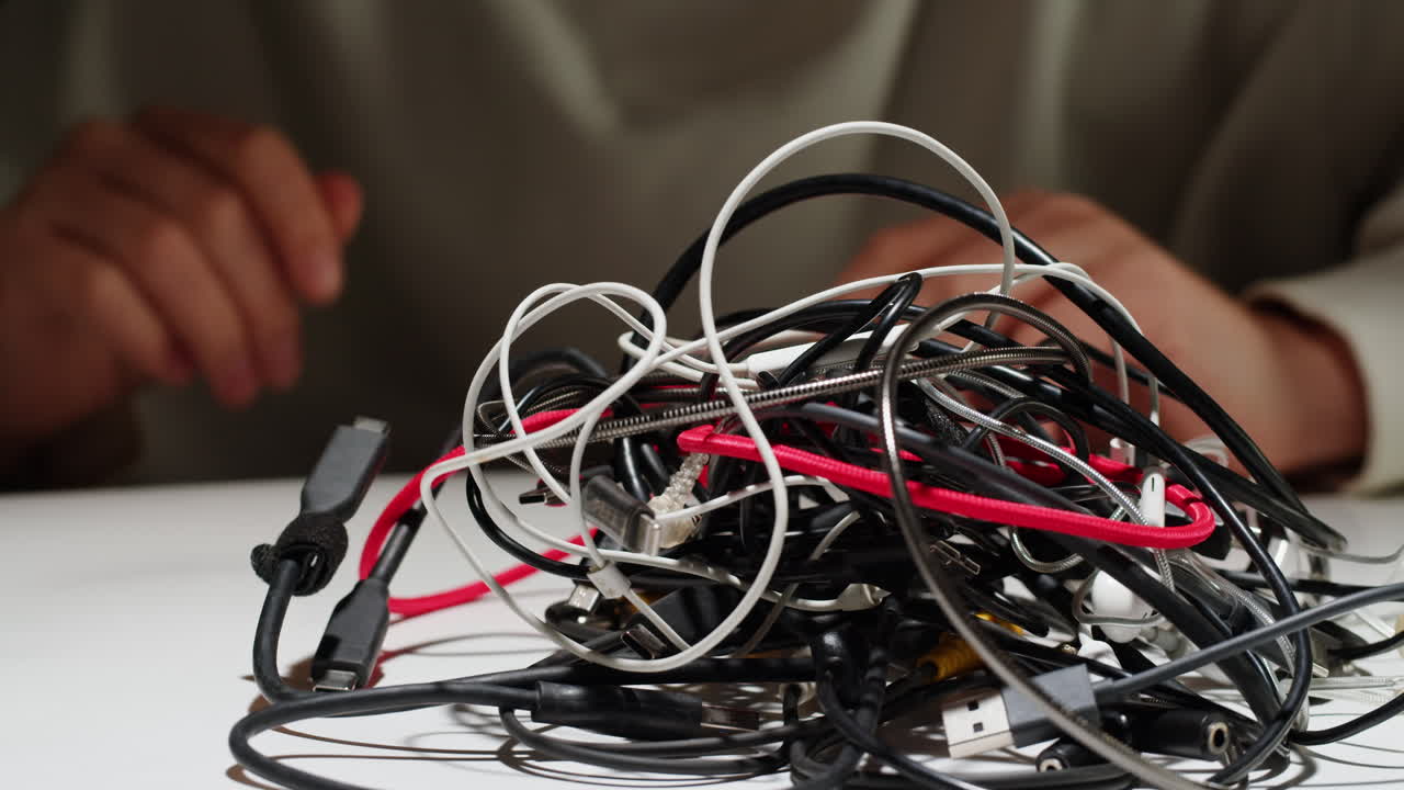 Tangled Cables and Wires on a Table