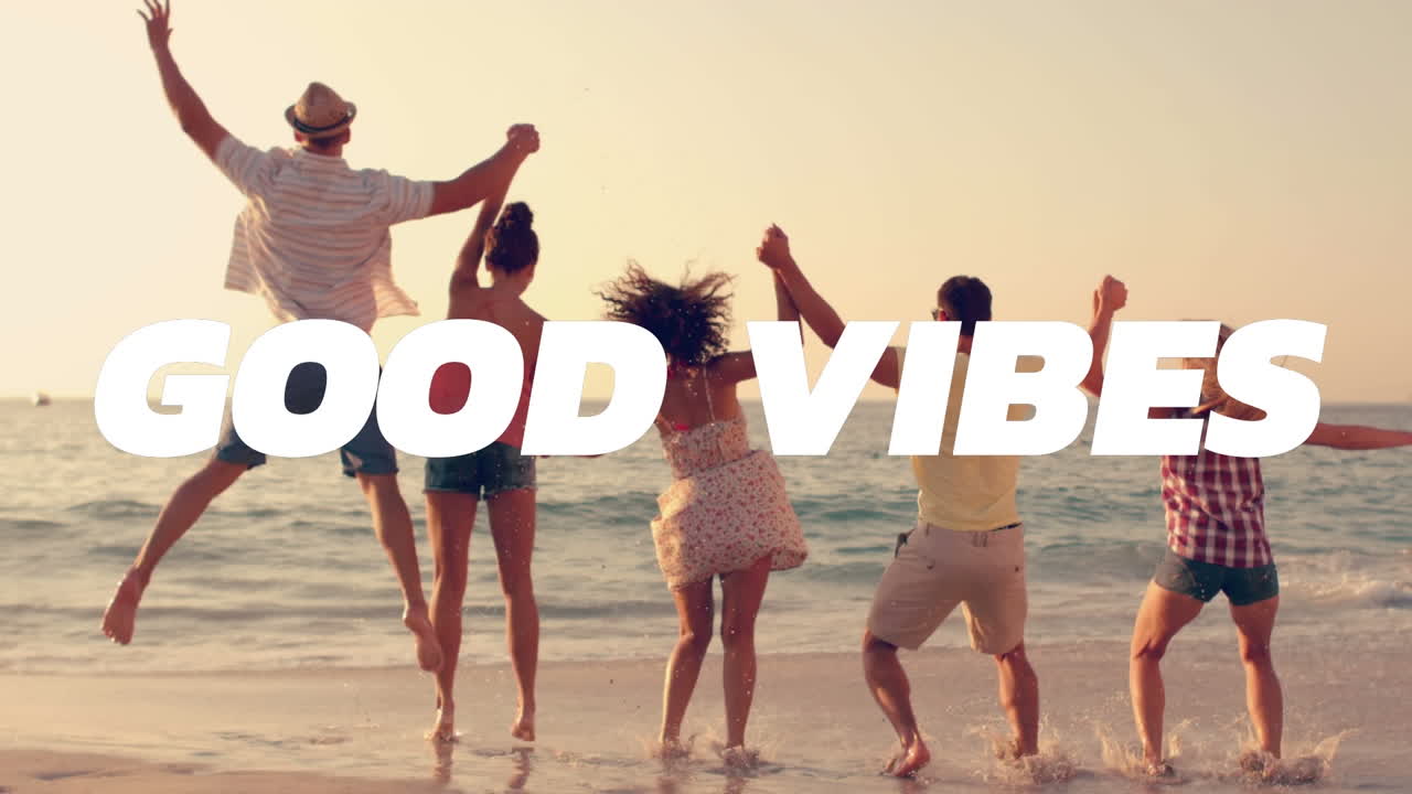 Animatie van de tekst "good vibes" over blije mensen op het strand