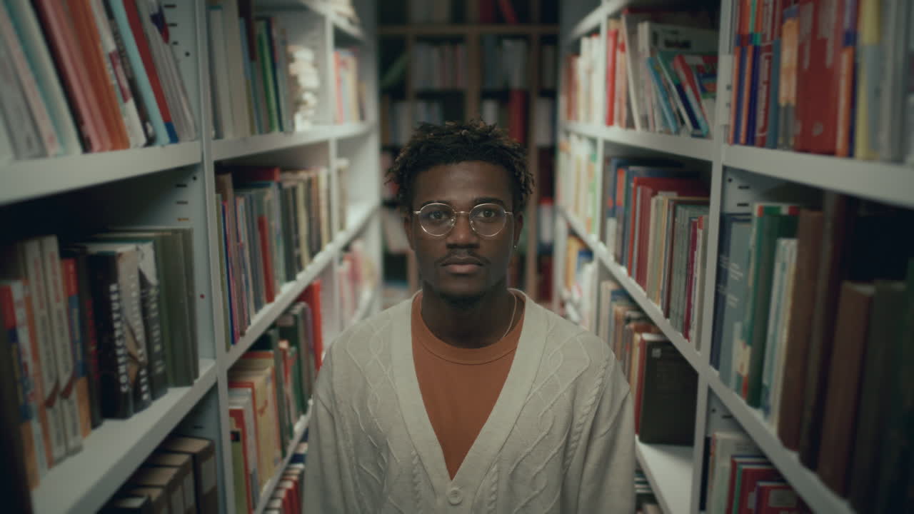 Portrait of Young Serious Black Man Standing in Library Aisle