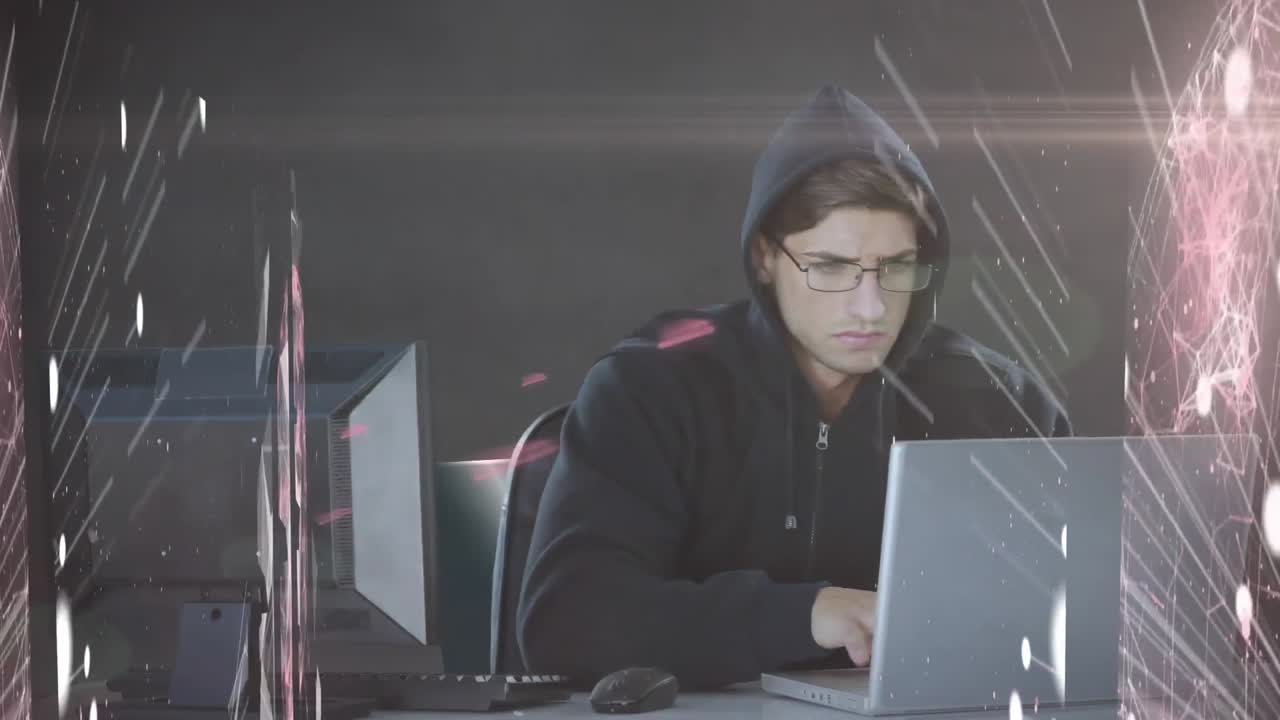 노트북을 사용하는 사업가 여성에 대한 연결 네트워크의 애니메이션