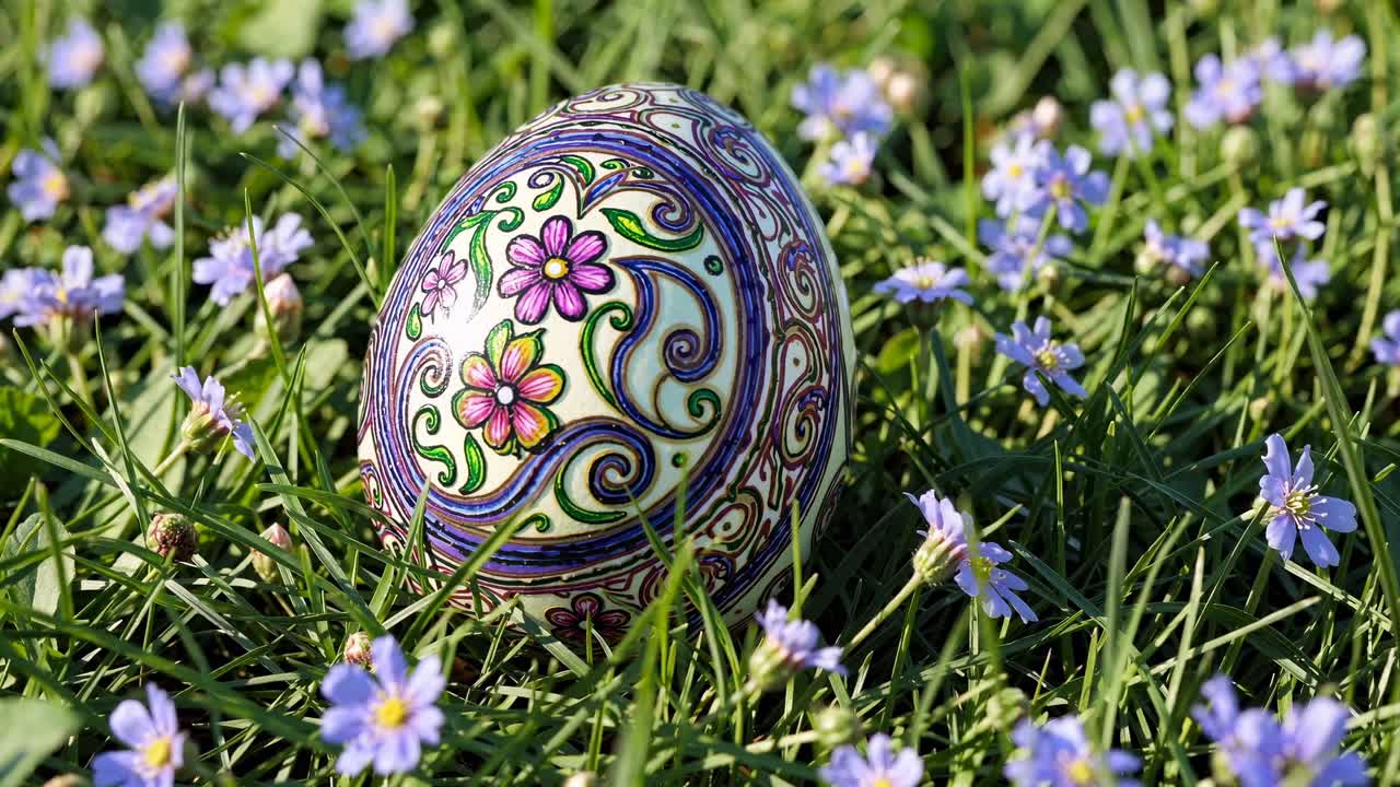 Close-up video angle of a vibrantly decorated egg nestled in grass, surrounded by small purple