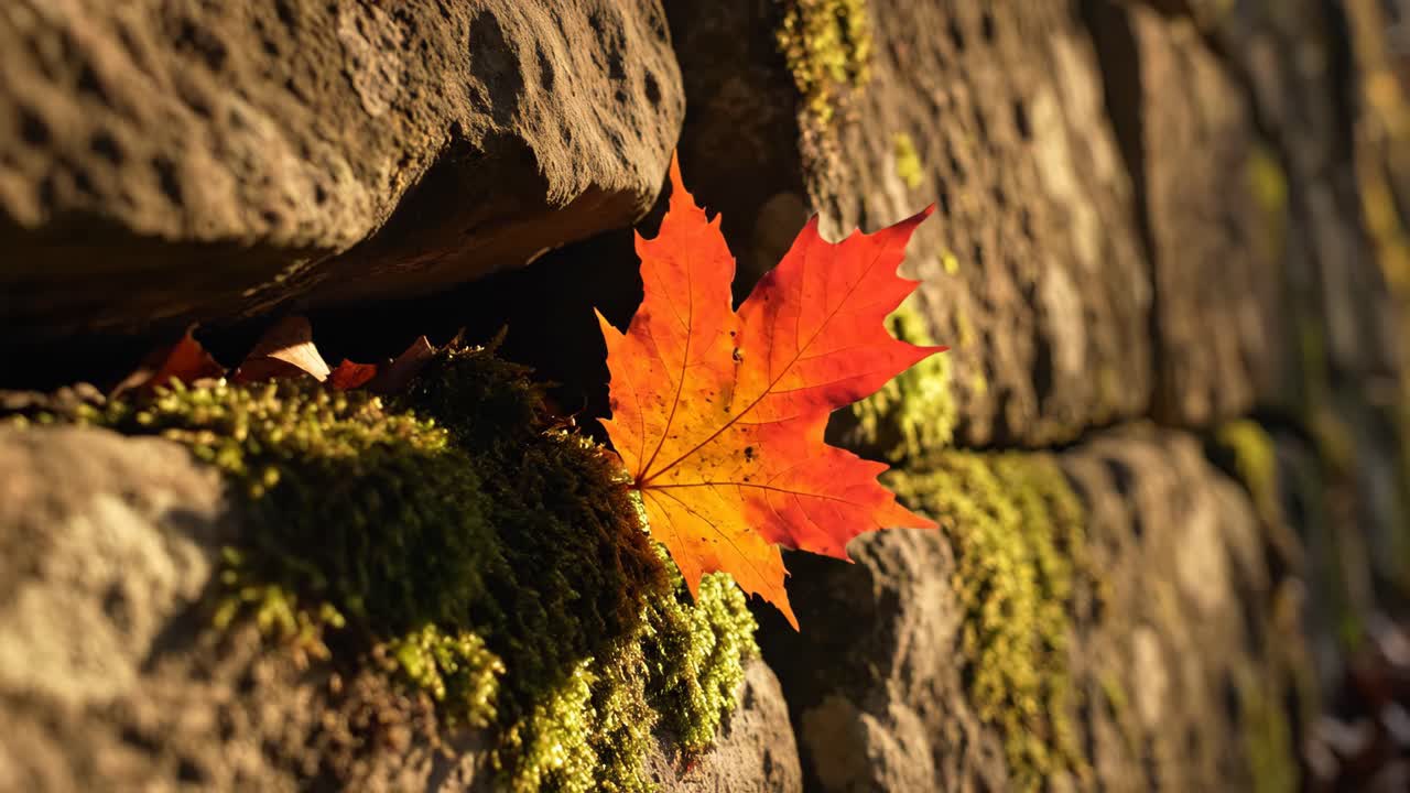 Maple leaf on a mossy stone wall