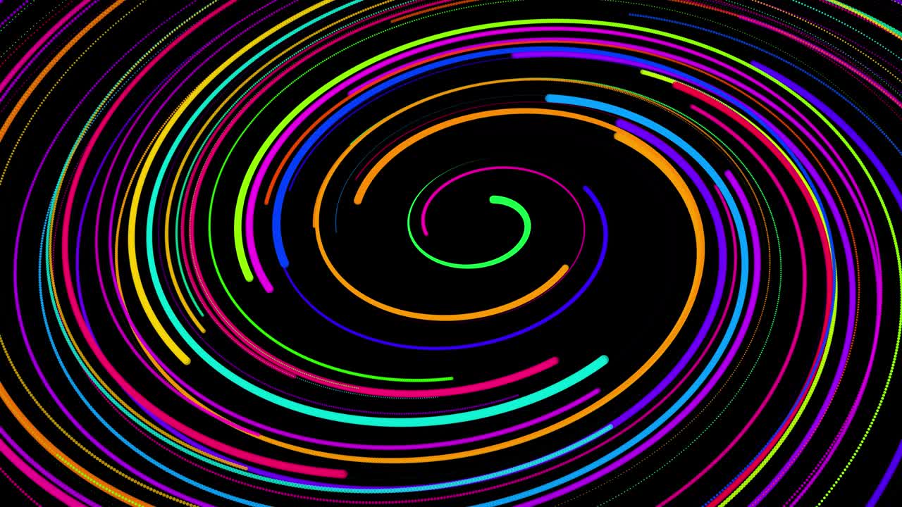 4k에서 세련된 창의적인 추상적인 배경: 회전하는 경로를 따라 회전하는 나선형으로 회전하는 색의 선; 모션 디자인: 선, 나선형 및 추상적인 구조를 형성하는 입자의 bg; 3d 렌더링