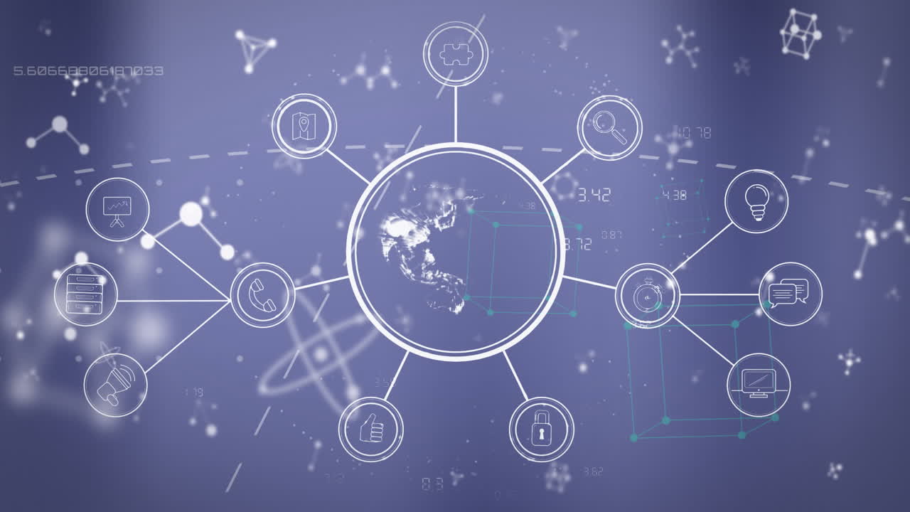 블루 배경에 글로브 오버 통신 연결을 가진 미디어 네트워크의 애니메이션