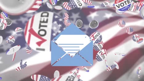 vote badges and envelope over american flag.