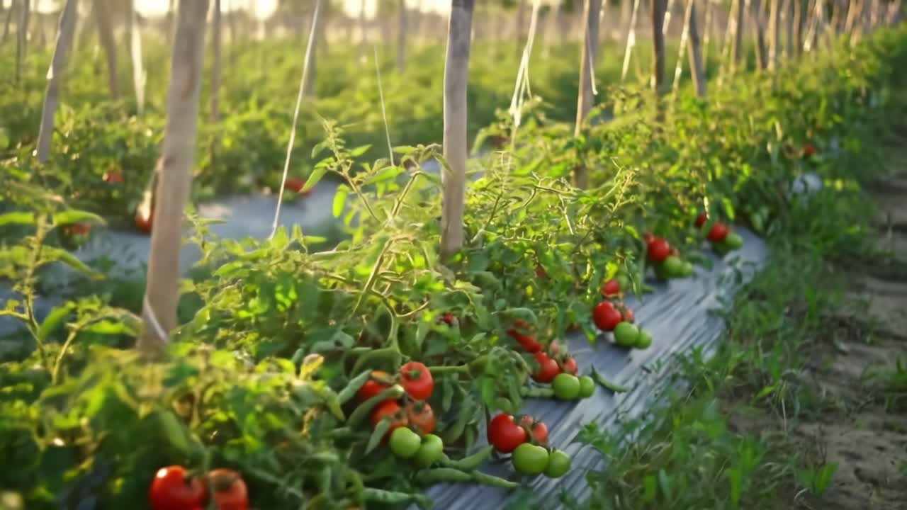 Vibrant Tomato Plants in a Sunlit Field Showcasing Lush Greenery and Ripe Red Fruits Ready for Harvest in a Bountiful Agricultural Landscape