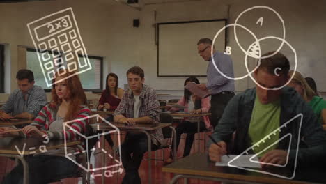 mathematical equations and diagrams animation over students studying in classroom