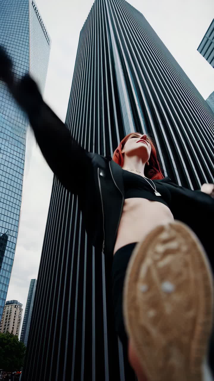 Dynamic Low-Angle Urban Street Style Photoshoot with Red Hair
