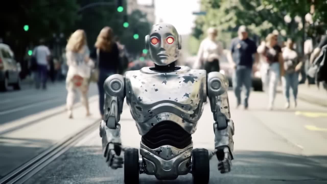 A futuristic robot with glowing red eyes navigates a bustling urban street, captivating pedestrians while blending seamlessly into the vibrant city life and technology