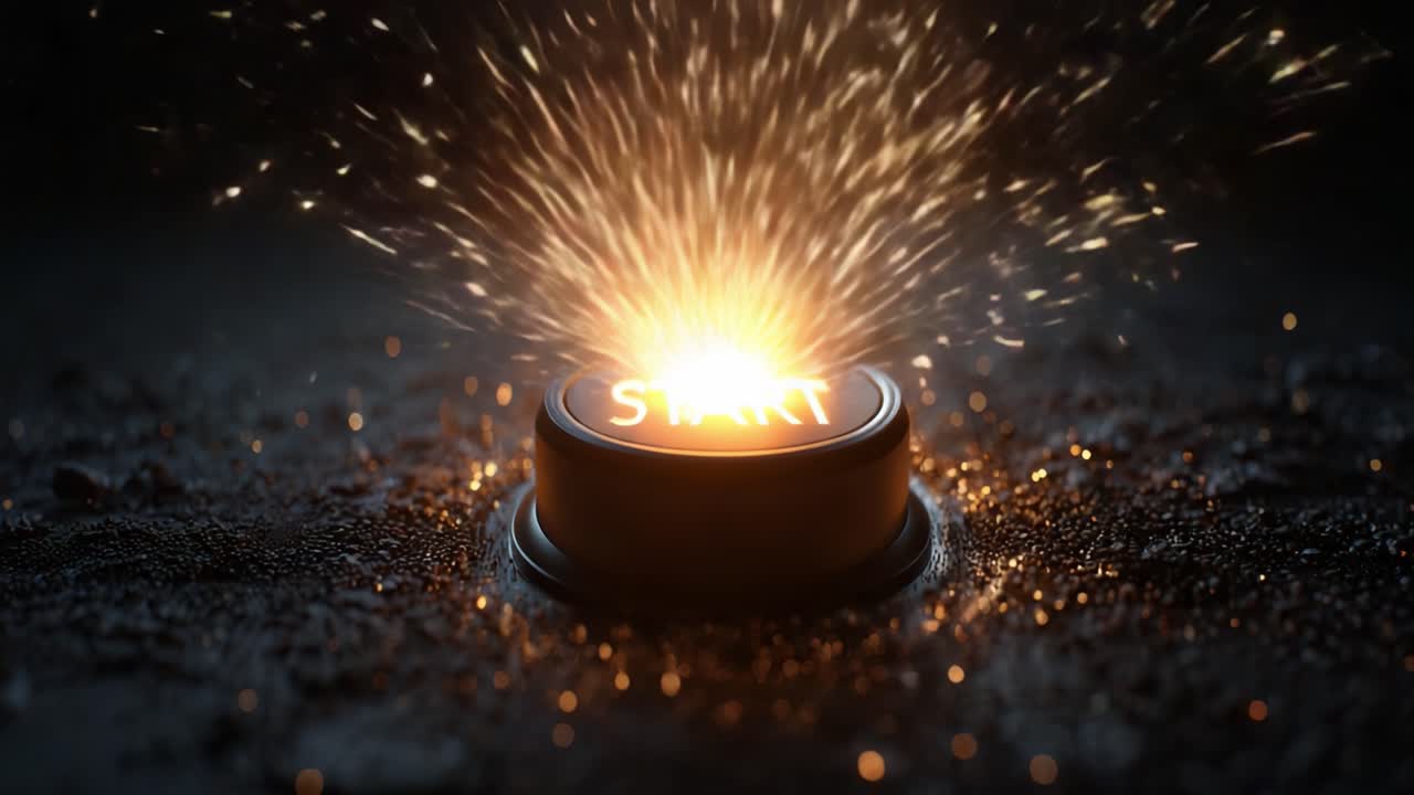 A Captivating Start Button Ignites Sparks in Darkness, Symbolizing New Beginnings, Opportunities, and the Thrill of Action as Tiny Embers Illuminate the Scene