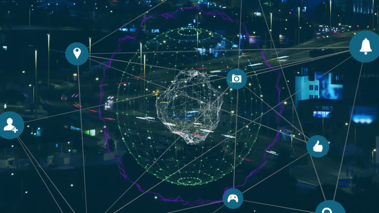 Network of connections and data processing animation over cityscape at night
