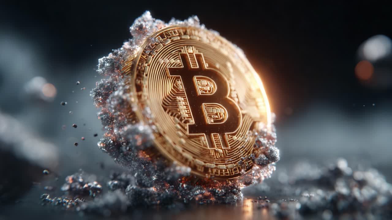 An intricate depiction of a Bitcoin coin surrounded by an alluring sparkle effect, capturing the essence of digital currency amid a dynamic backdrop of shimmering minerals and reflections