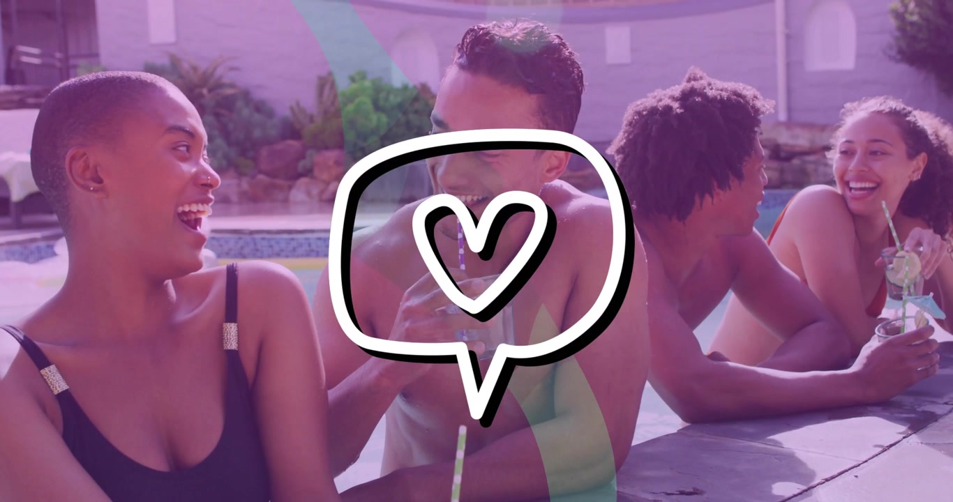 Group sitting poolside, heart bubble appearing, pulsing, sparking laughter, sipping for marketing