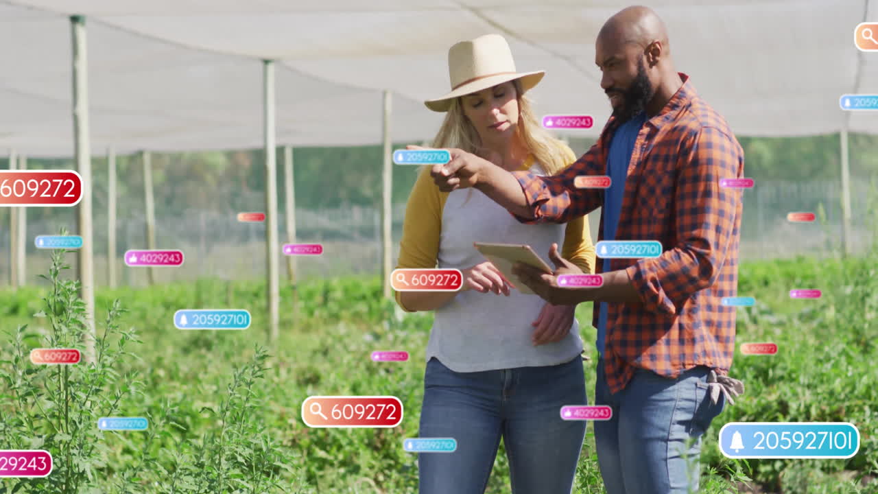 Man pointing at tablet and woman monitoring nursery plants under canopy with floating data overlays