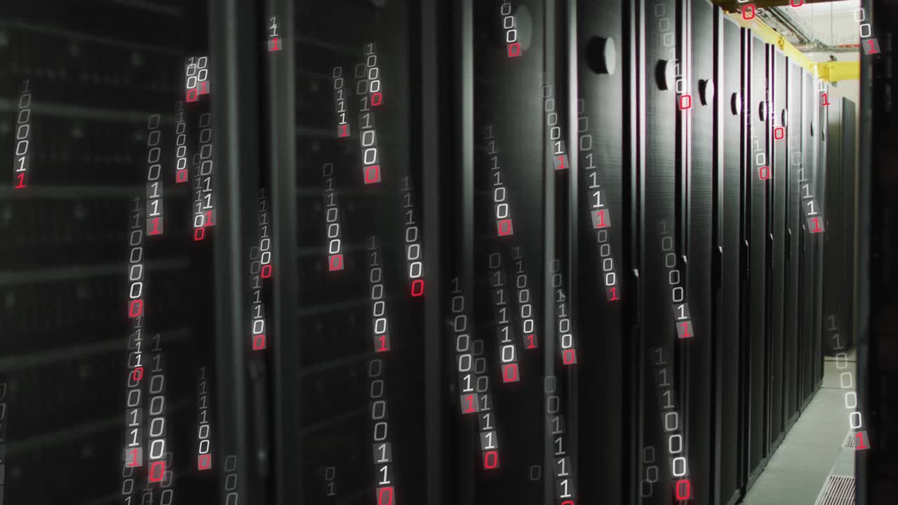 Glowing binary digits appearing and cascading down server cabinets to visualize real time data flow