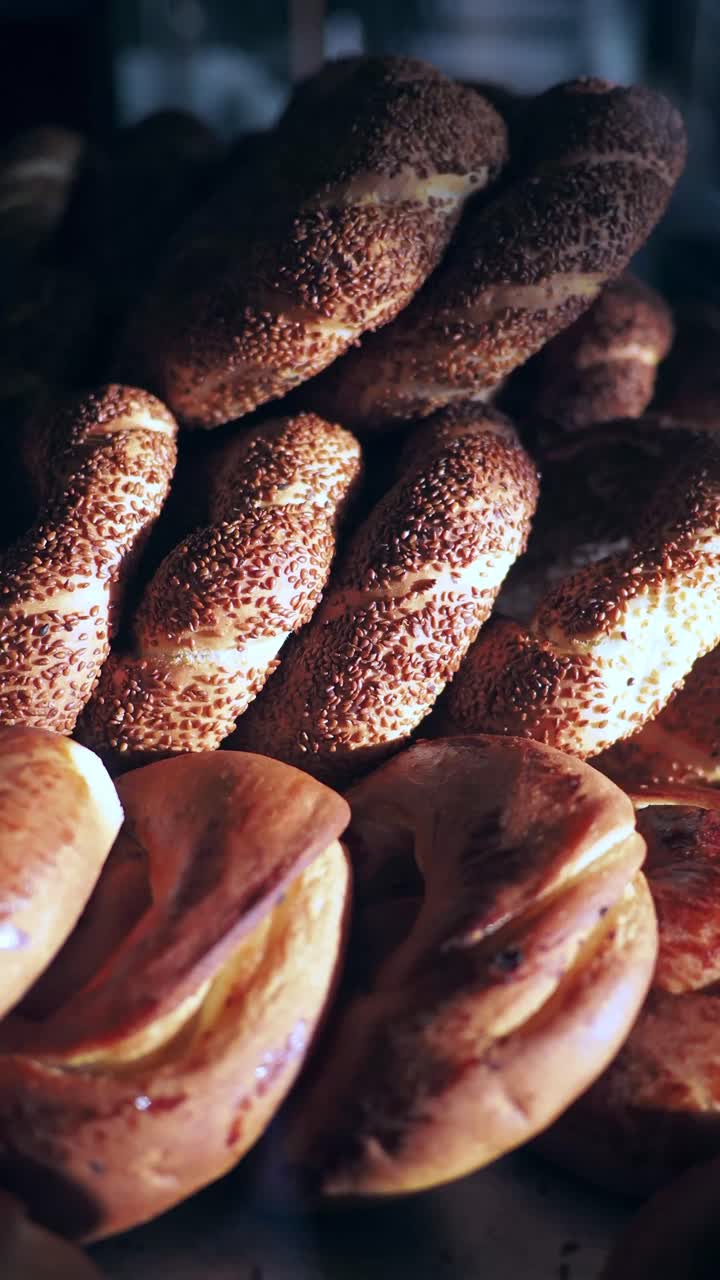 Freshly Baked Simit and Pastries in a Bakery Display