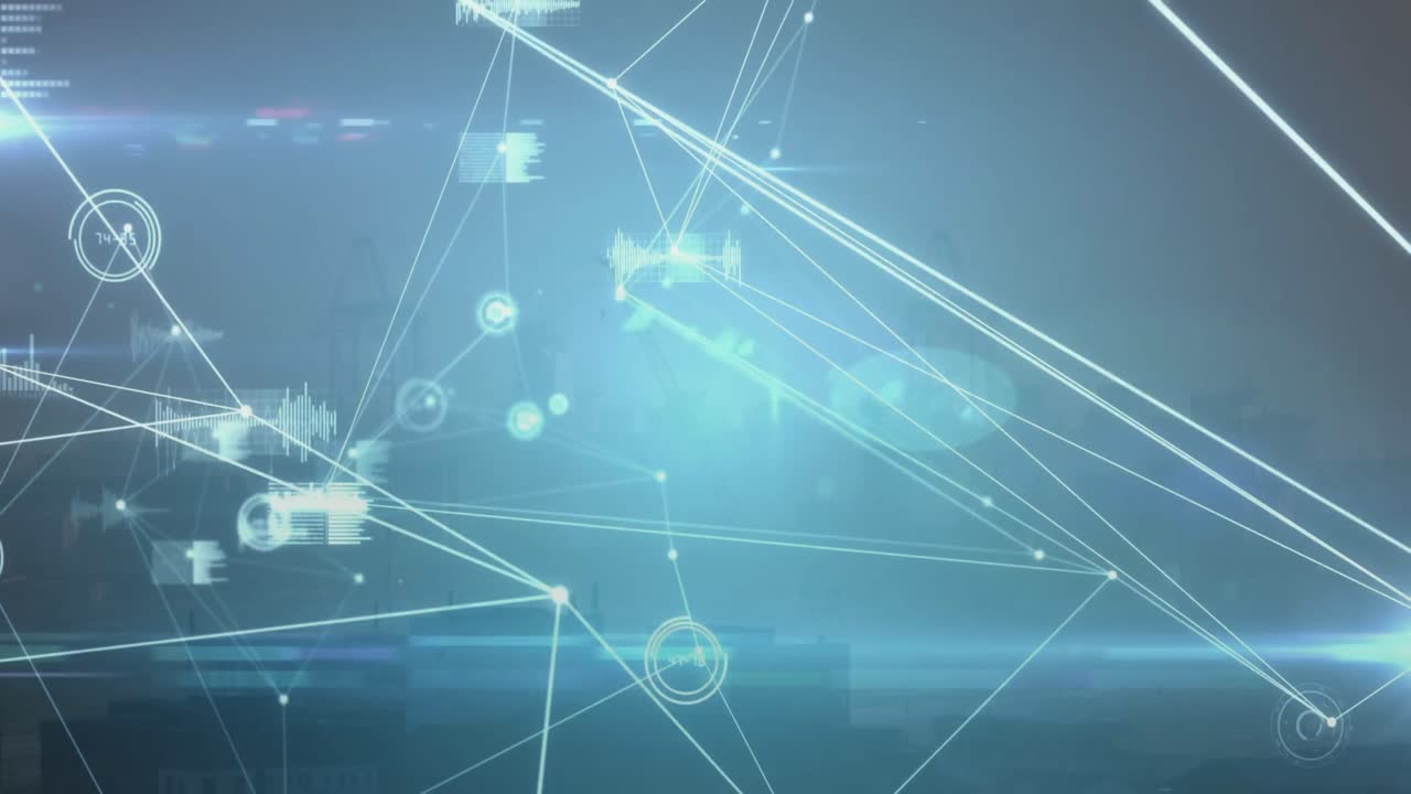 animación de la flecha moviéndose hacia arriba, red de conexiones y procesamiento de datos sobre fondo azul