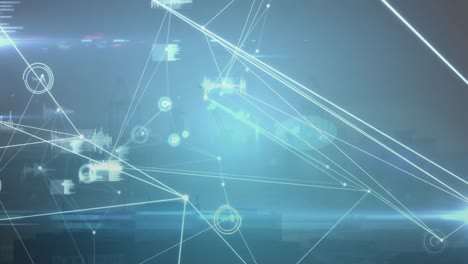 animation of arrow moving upwards, network of connections and data processing on blue background