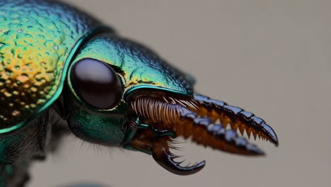 close-up of an iridescent beetle's head