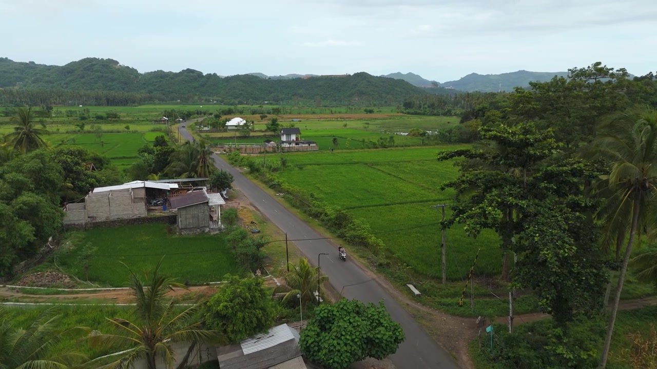 Pemandangan udara jalan pedesaan melalui sawah hijau di Indonesia, dengan pengendara skuter, rumah-rumah desa, pohon kelapa, dan pegunungan tropis di kejauhan.