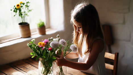 young girl arranging flowers