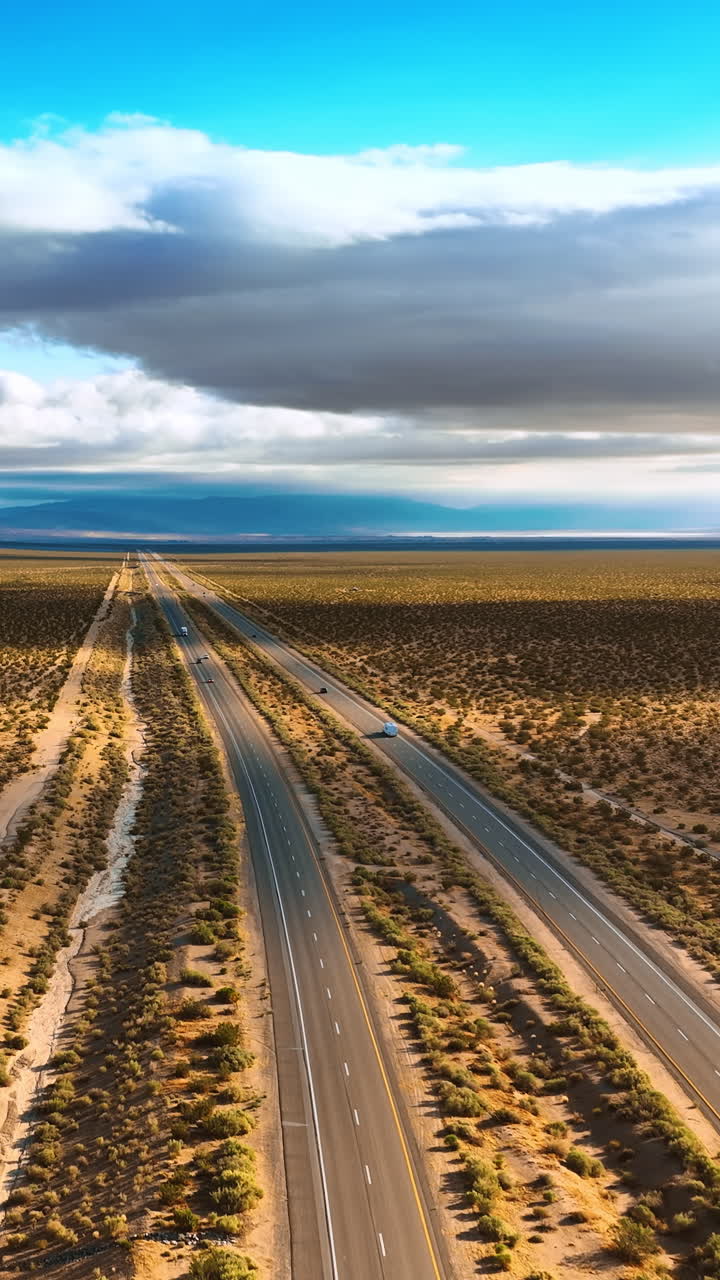 Flying above the highways crossing the deserted land. Numerous little bushes covering the dry landscape. Aerial view. Vertical video