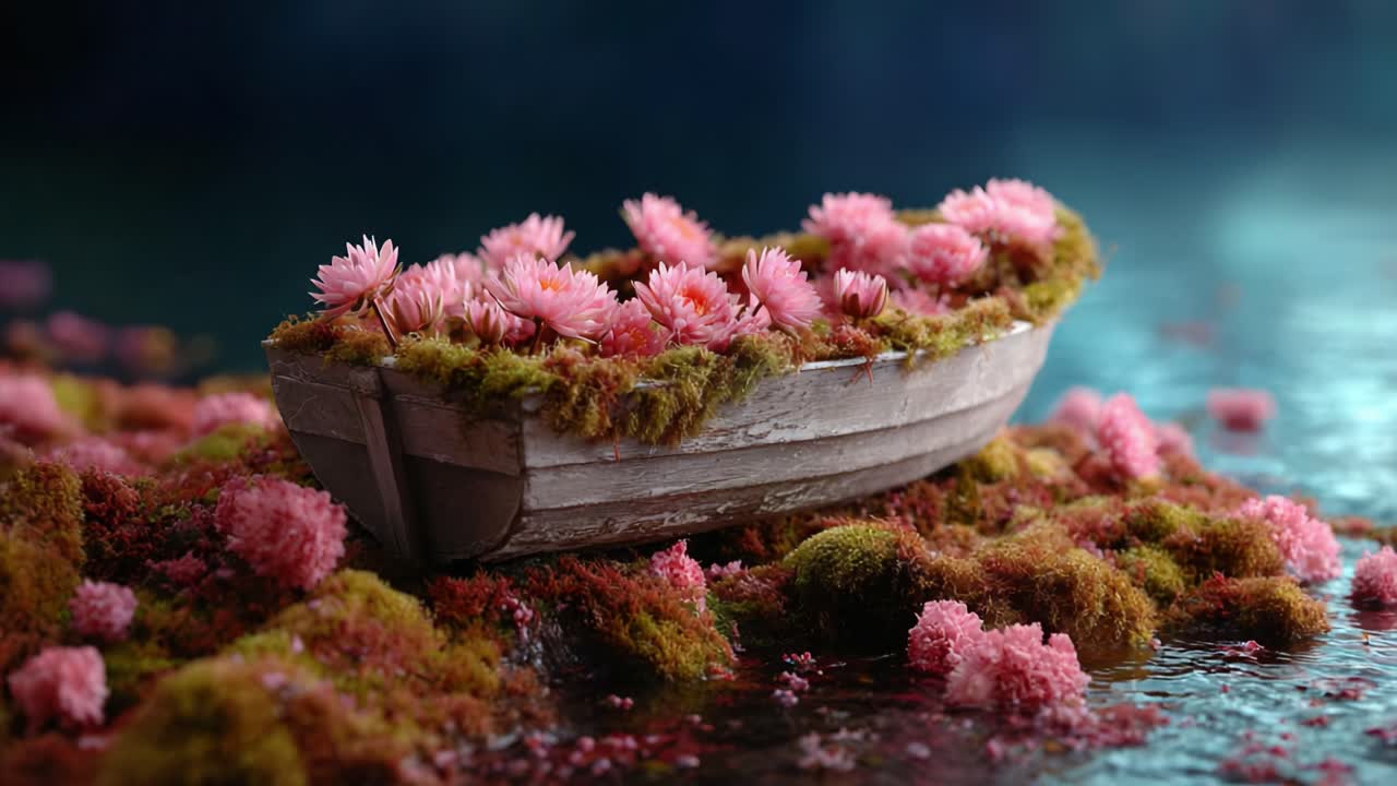A Serene Wooden Boat Adorned with Pink Water Lilies and Moss, Floating Gently on a Tranquil Body of Water Surrounded by a Dreamy Atmosphere