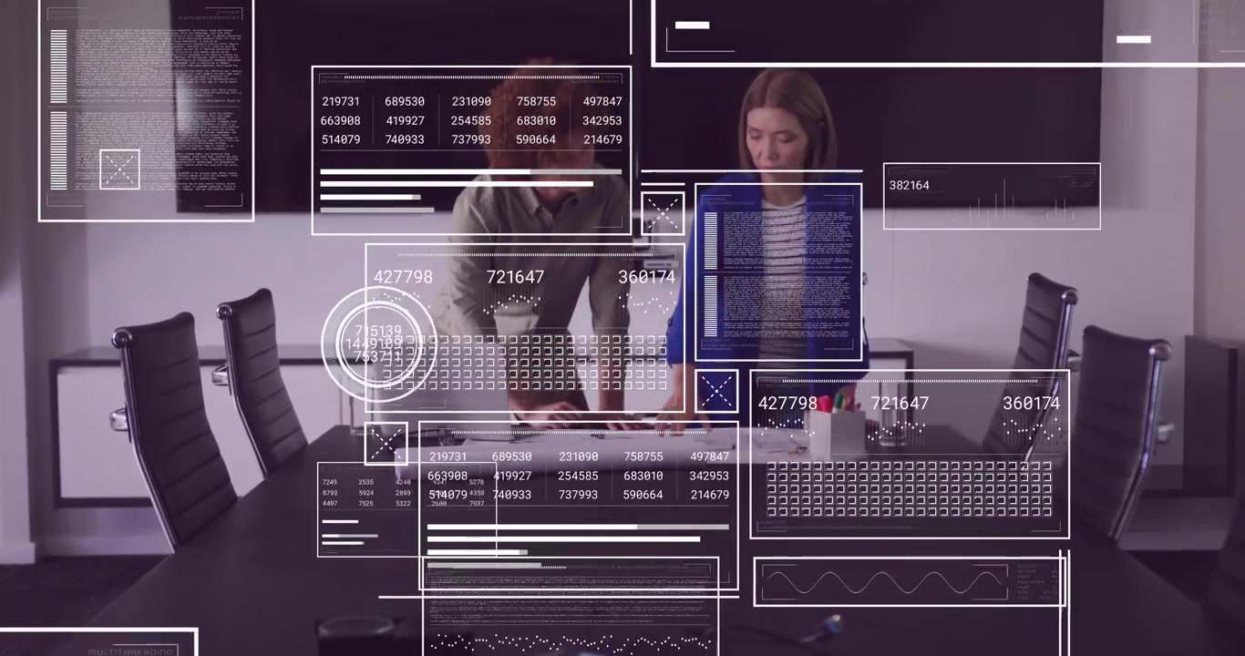Pair placing smartphone starting data panels spreading over table unrolling blueprint for design