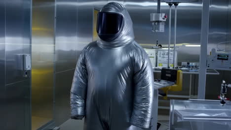 person in a silver protective hazmat suit in a sterile laboratory environment
